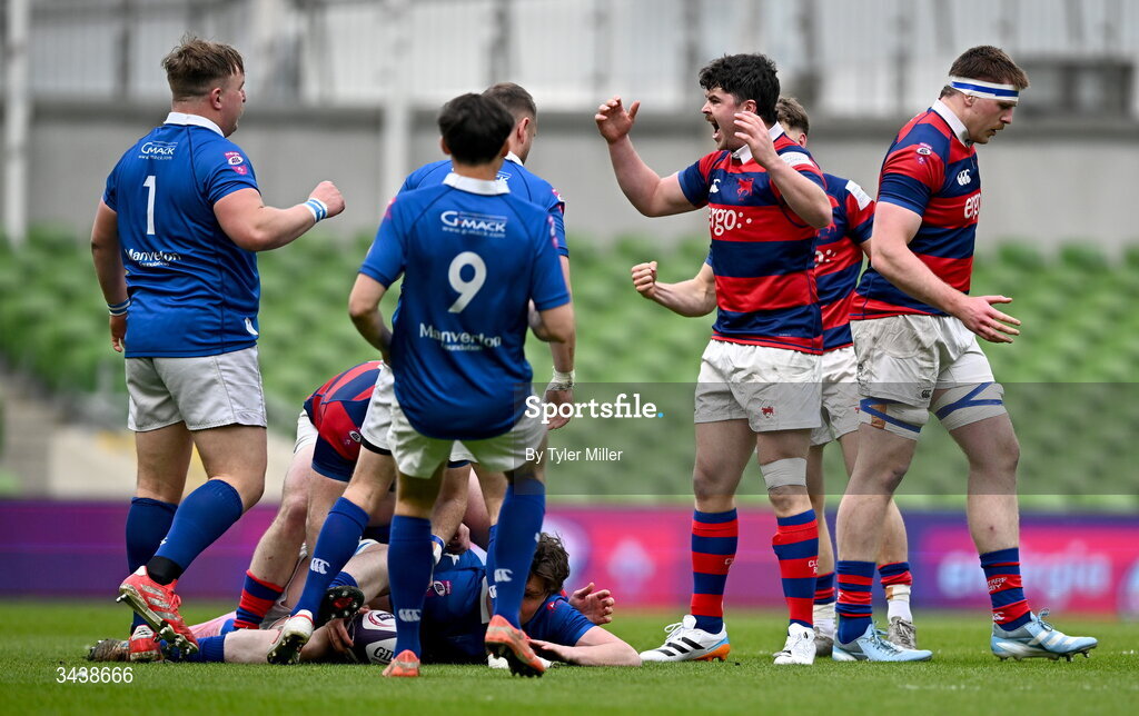26 April 2026; Aaron Coleman of Clontarf FC celebrates a turnover during the Energia Men's All-Ireland League Division 1A final match between Clontarf FC and St Mary's College RFC at the Aviva Stadium in Dublin. Photo by Tyler Miller/Sportsfile