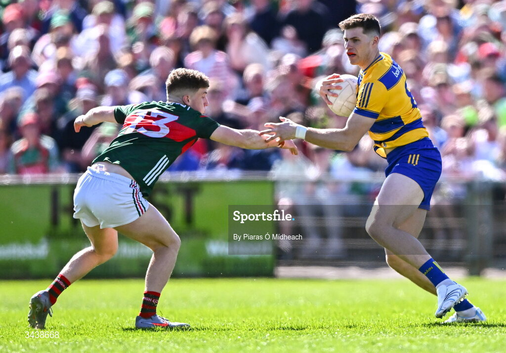 26 April 2026; Keith Doyle of Roscommon in action against Cian McHale of Mayo during the Connacht GAA Football Senior Championship semi-final match between Mayo and Roscommon at Hastings Insurance MacHale Park in Castlebar, Mayo. Photo by Piaras Ó Mídheach/Sportsfile