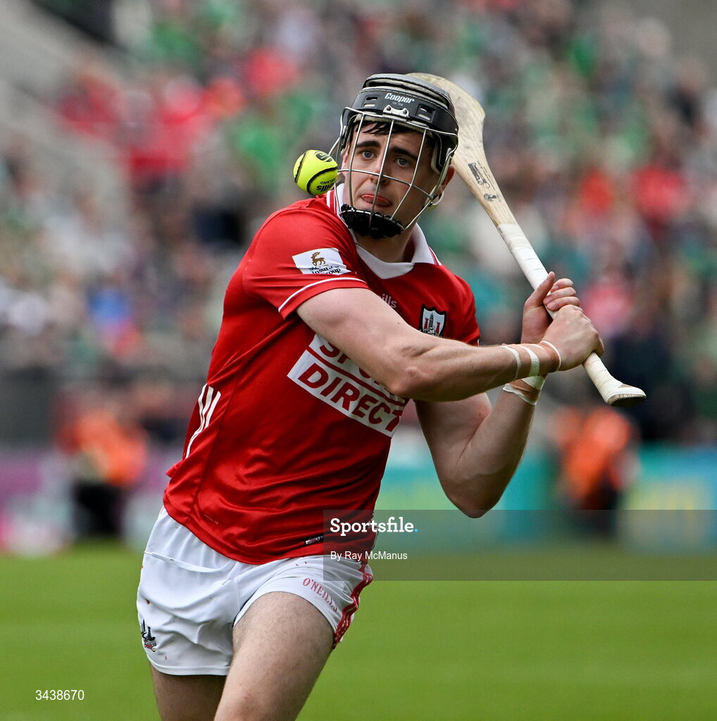 26 April 2026; Darragh Fitzgibbon of Cork scores a late point to put his side two points up with little time remaining in the Munster GAA Senior Hurling Championship Round 2 match between Cork and Limerick at SuperValu Páirc Uí Chaoimh in Cork. Photo by Ray McManus/Sportsfile