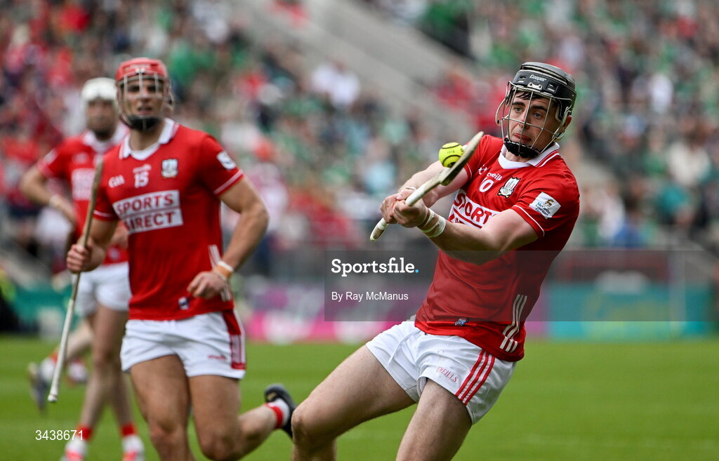 26 April 2026; Darragh Fitzgibbon of Cork scores a late point to put his side two points up with little time remaining in the Munster GAA Senior Hurling Championship Round 2 match between Cork and Limerick at SuperValu Páirc Uí Chaoimh in Cork. Photo by Ray McManus/Sportsfile