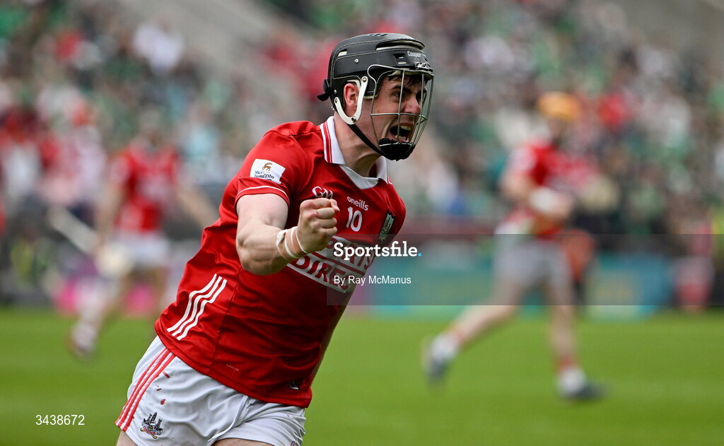 26 April 2026; Darragh Fitzgibbon of Cork celebrates scoring a late point to put his side two up with little time remaining in the Munster GAA Senior Hurling Championship Round 2 match between Cork and Limerick at SuperValu Páirc Uí Chaoimh in Cork. Photo by Ray McManus/Sportsfile