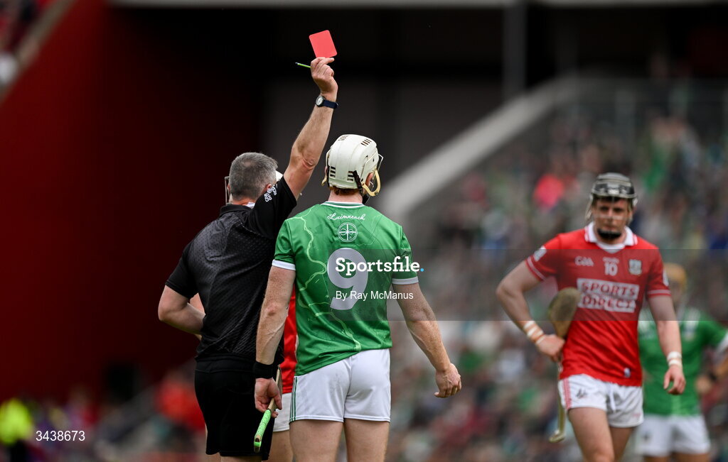 26 April 2026; Referee James Owens issues a red card to Cian Lynch of Limerick  during the Munster GAA Senior Hurling Championship Round 2 match between Cork and Limerick at SuperValu Páirc Uí Chaoimh in Cork. Photo by Ray McManus/Sportsfile