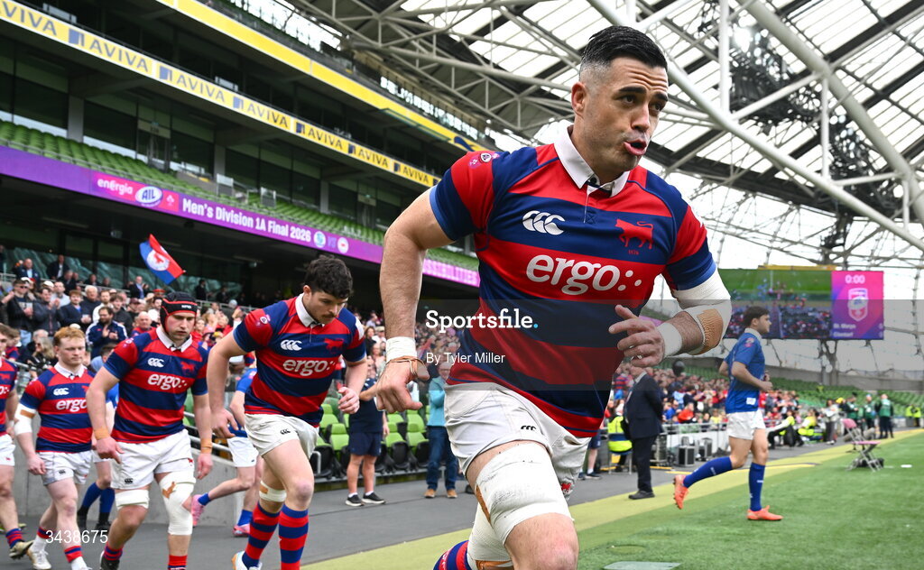 26 April 2026; Jordan Coghlan of Clontarf FC runs out before the Energia Men's All-Ireland League Division 1A final match between Clontarf FC and St Mary's College RFC at the Aviva Stadium in Dublin. Photo by Tyler Miller/Sportsfile