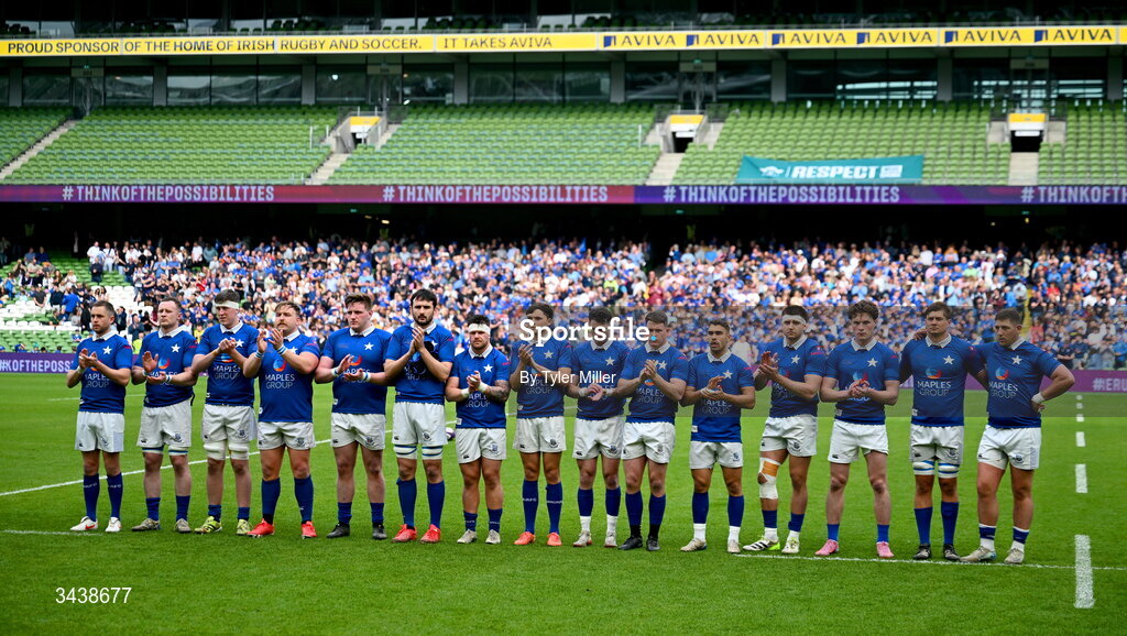 26 April 2026; St Mary's College RFC players stand for a minutes applause before the Energia Men's All-Ireland League Division 1A final match between Clontarf FC and St Mary's College RFC at the Aviva Stadium in Dublin. Photo by Tyler Miller/Sportsfile
