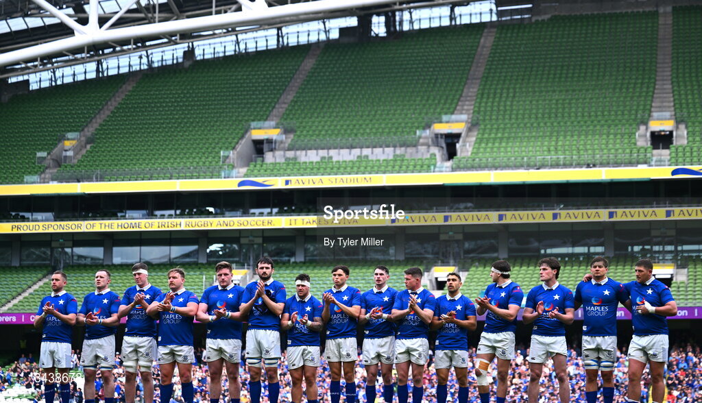 26 April 2026; St Mary's College RFC players stand for a minutes applause before the Energia Men's All-Ireland League Division 1A final match between Clontarf FC and St Mary's College RFC at the Aviva Stadium in Dublin. Photo by Tyler Miller/Sportsfile