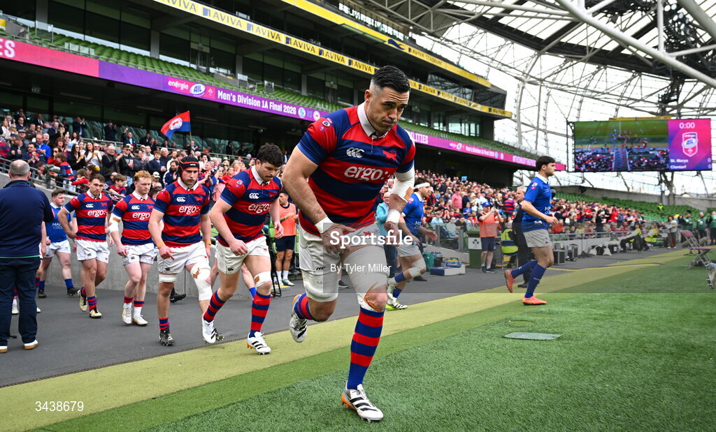 26 April 2026; Jordan Coghlan of Clontarf FC runs out before the Energia Men's All-Ireland League Division 1A final match between Clontarf FC and St Mary's College RFC at the Aviva Stadium in Dublin. Photo by Tyler Miller/Sportsfile