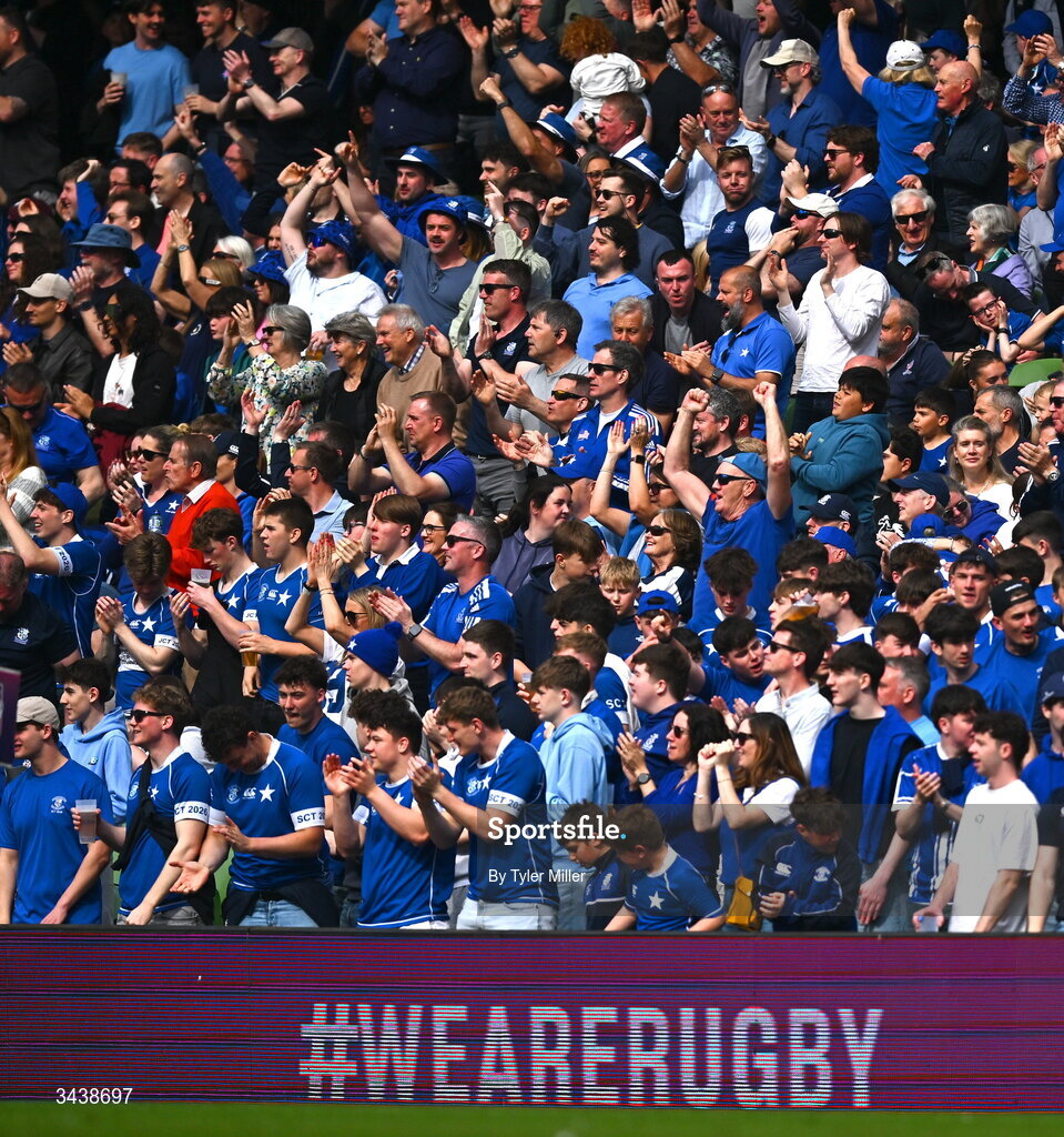 26 April 2026; St Mary's College RFC supporters watch on during the Energia Men's All-Ireland League Division 1A final match between Clontarf FC and St Mary's College RFC at the Aviva Stadium in Dublin. Photo by Tyler Miller/Sportsfile