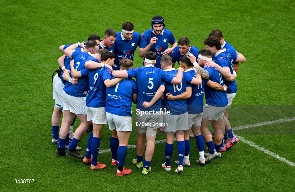 26 April 2026; The St Mary's College RFC team huddle ahead of the Energia Men's All-Ireland League Division 1A final match between Clontarf FC and St Mary's College RFC at the Aviva Stadium in Dublin. Photo by Daire Brennan/Sportsfile