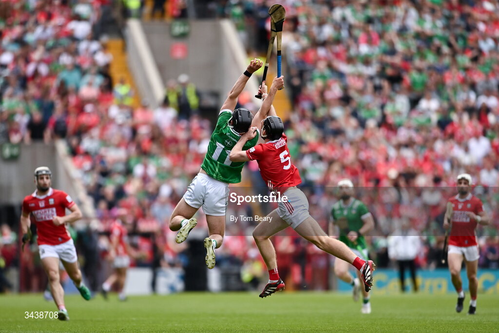 26 April 2026; Aidan O'Connor of Limerick in action against Eoin Downey of Cork during the Munster GAA Senior Hurling Championship Round 2 match between Cork and Limerick at SuperValu Páirc Uí Chaoimh in Cork. Photo by Tom Beary/Sportsfile