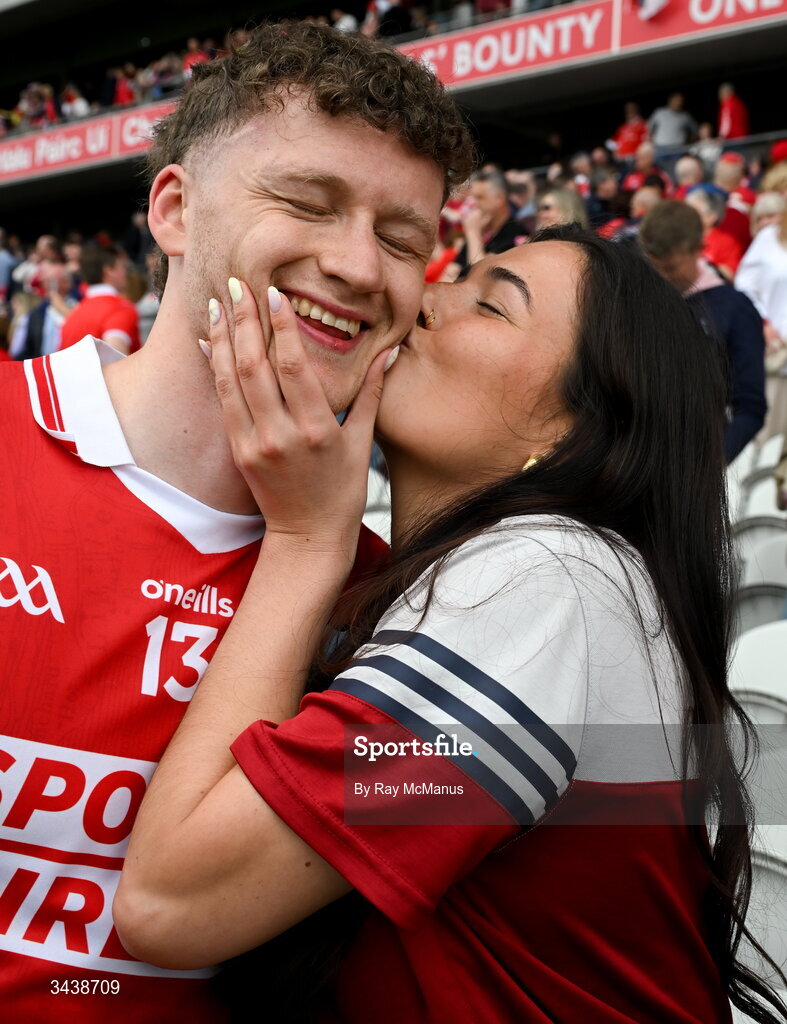 26 April 2026; Alan Connolly of Cork gets a kiss from his girlfriend Alanna O'Flynn after the Munster GAA Senior Hurling Championship Round 2 match between Cork and Limerick at SuperValu Páirc Uí Chaoimh in Cork. Photo by Ray McManus/Sportsfile