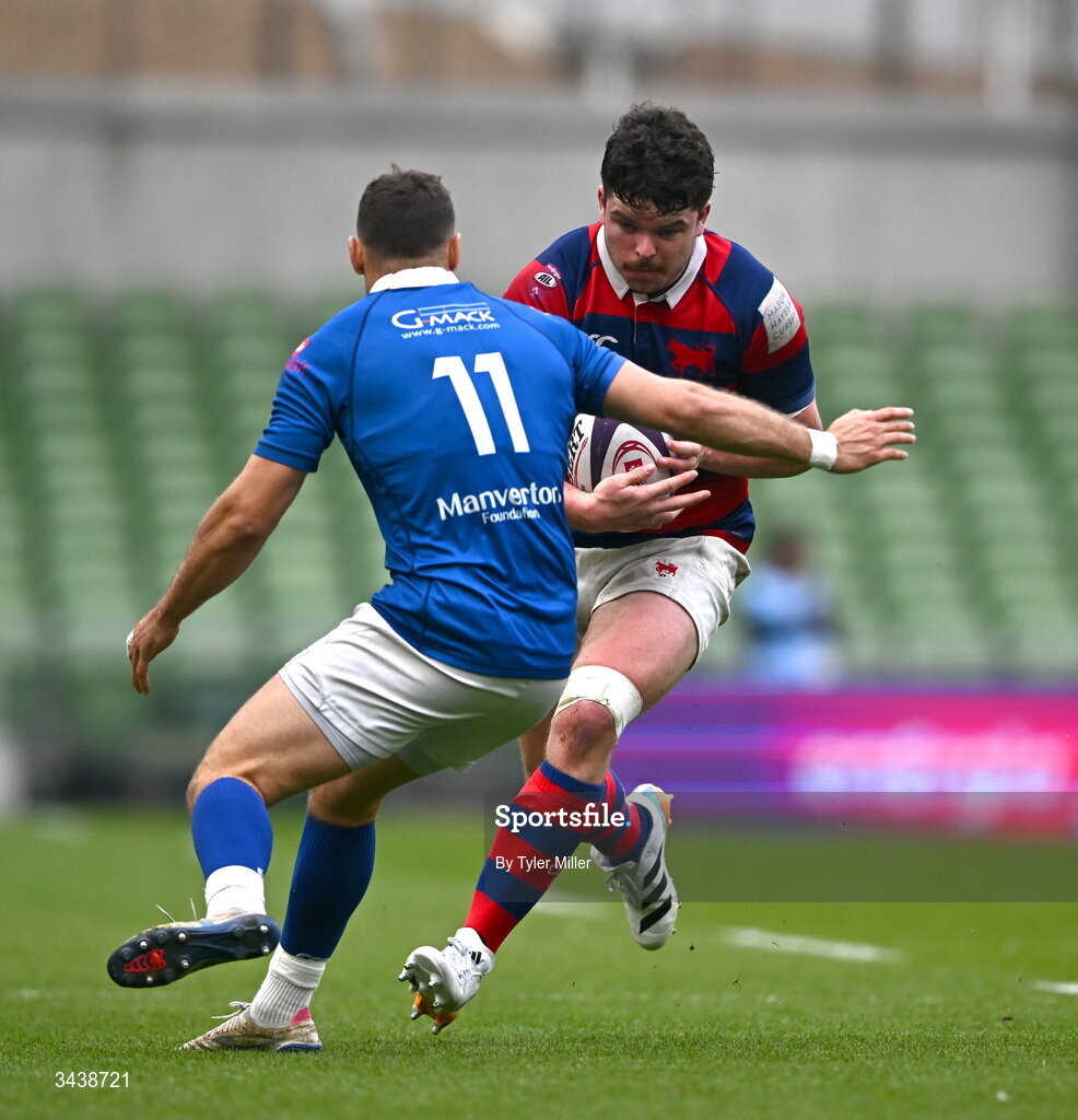 26 April 2026; Aaron Coleman of Clontarf FC in action against Ramirez Leandro of St Mary's College RFC during the Energia Men's All-Ireland League Division 1A final match between Clontarf FC and St Mary's College RFC at the Aviva Stadium in Dublin. Photo by Tyler Miller/Sportsfile