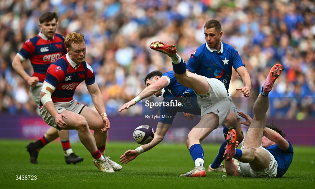 26 April 2026; Ruairi Shields, centre, and Myles Carey of St Mary's College RFC collide during the Energia Men's All-Ireland League Division 1A final match between Clontarf FC and St Mary's College RFC at the Aviva Stadium in Dublin. Photo by Tyler Miller/Sportsfile