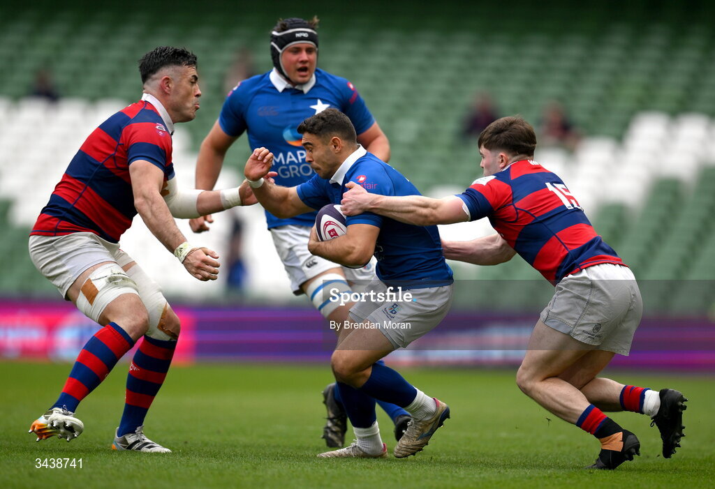 26 April 2026; Ramirez Leandro of St Mary's College RFC is tackled by Jordan Coghlan and Tadhg Bird of Clontarf FC during the Energia Men's All-Ireland League Division 1A final match between Clontarf FC and St Mary's College RFC at the Aviva Stadium in Dublin. Photo by Brendan Moran/Sportsfile