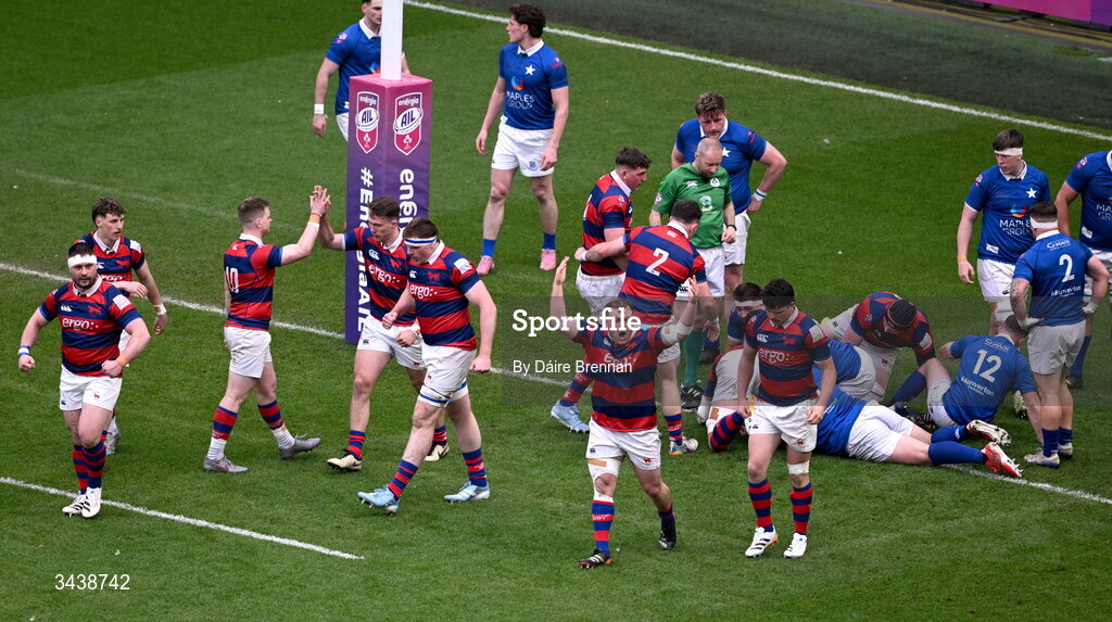 26 April 2026; Clontarf FC players celebrate their side's first try during the Energia Men's All-Ireland League Division 1A final match between Clontarf FC and St Mary's College RFC at the Aviva Stadium in Dublin. Photo by Daire Brennan/Sportsfile