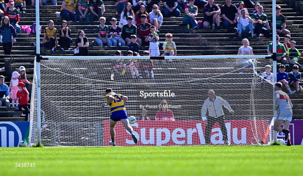 26 April 2026; Diarmuid Murtagh  of Roscommon scores his side's first goal during the Connacht GAA Football Senior Championship semi-final match between Mayo and Roscommon at Hastings Insurance MacHale Park in Castlebar, Mayo. Photo by Piaras Ó Mídheach/Sportsfile