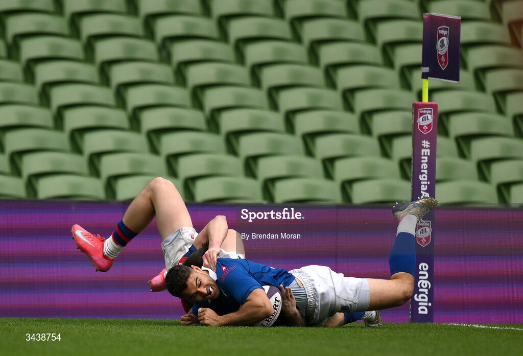 26 April 2026; Ramirez Leandro of St Mary's College RFC scores his side's second try during the Energia Men's All-Ireland League Division 1A final match between Clontarf FC and St Mary's College RFC at the Aviva Stadium in Dublin. Photo by Brendan Moran/Sportsfile