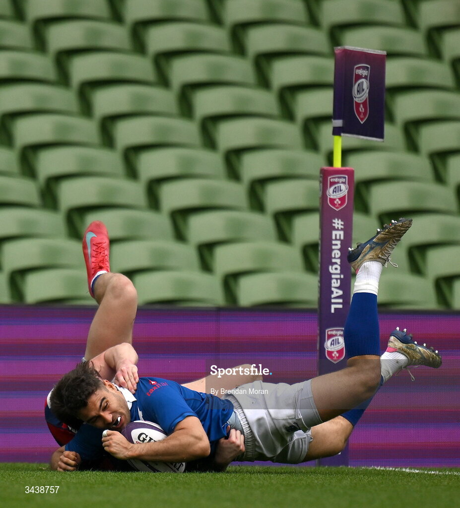 26 April 2026; Ramirez Leandro of St Mary's College RFC scores his side's second try during the Energia Men's All-Ireland League Division 1A final match between Clontarf FC and St Mary's College RFC at the Aviva Stadium in Dublin. Photo by Brendan Moran/Sportsfile
