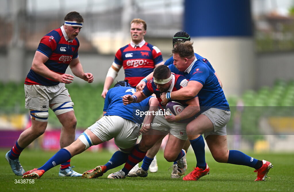 26 April 2026; Ivan Soroka of Clontarf FC is tackled by Greg Jones, left, and Thomas O'Reilly of St Mary's College RFC during the Energia Men's All-Ireland League Division 1A final match between Clontarf FC and St Mary's College RFC at the Aviva Stadium in Dublin. Photo by Tyler Miller/Sportsfile