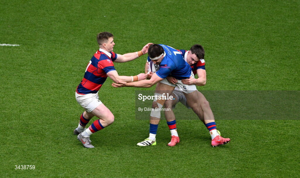 26 April 2026; Ramirez Leandro of St Mary's College RFC is tackled by Conor Kelly, left, and Alex O’Grady of Clontarf FC during the Energia Men's All-Ireland League Division 1A final match between Clontarf FC and St Mary's College RFC at the Aviva Stadium in Dublin. Photo by Daire Brennan/Sportsfile