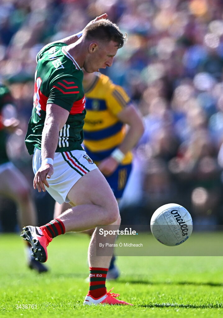 26 April 2026; Ryan O'Donoghue of Mayo shoots to score his side's first goal during the Connacht GAA Football Senior Championship semi-final match between Mayo and Roscommon at Hastings Insurance MacHale Park in Castlebar, Mayo. Photo by Piaras Ó Mídheach/Sportsfile