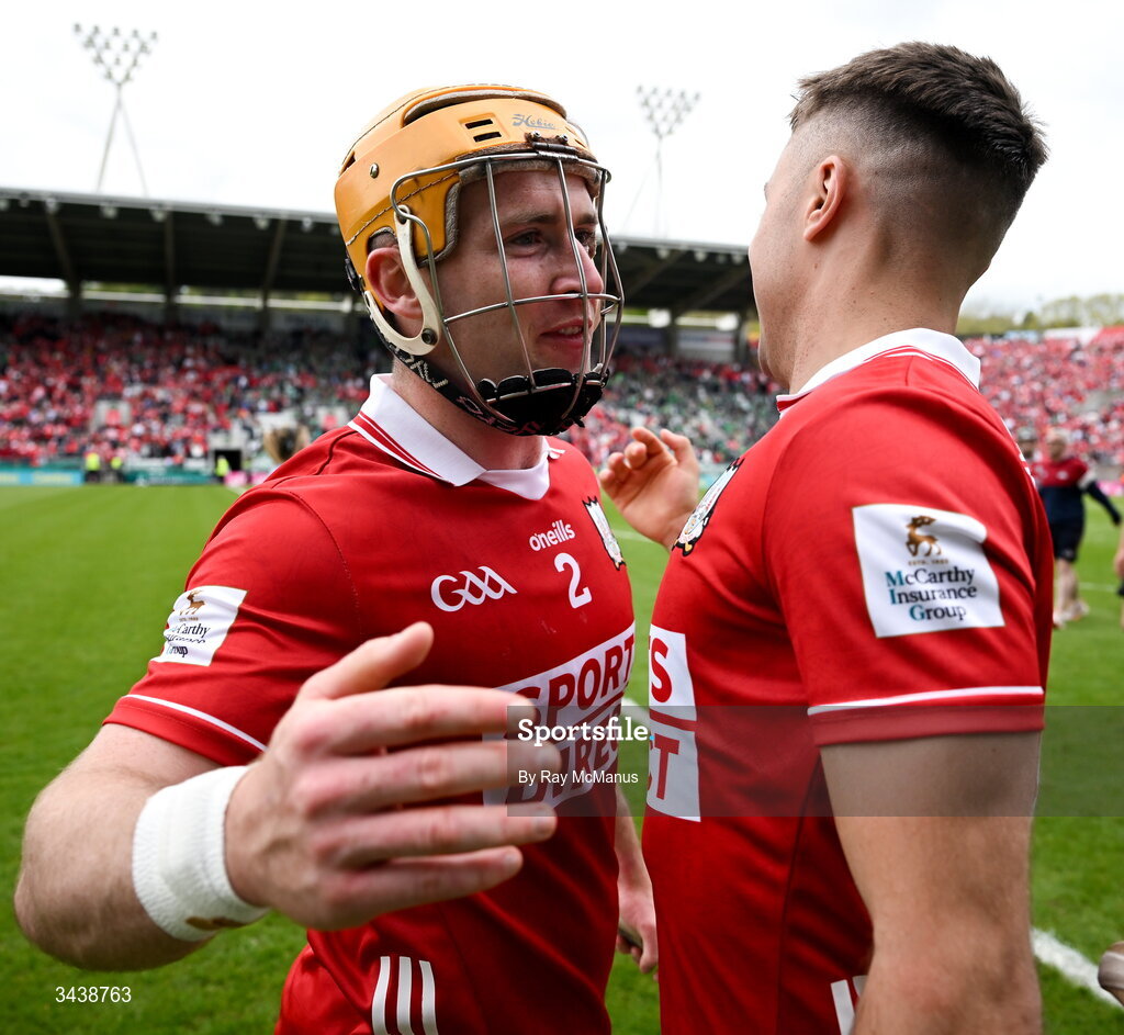 26 April 2026; Niall O'Leary, left, and William Buckley of Cork after the Munster GAA Senior Hurling Championship Round 2 match between Cork and Limerick at SuperValu Páirc Uí Chaoimh in Cork. Photo by Ray McManus/Sportsfile