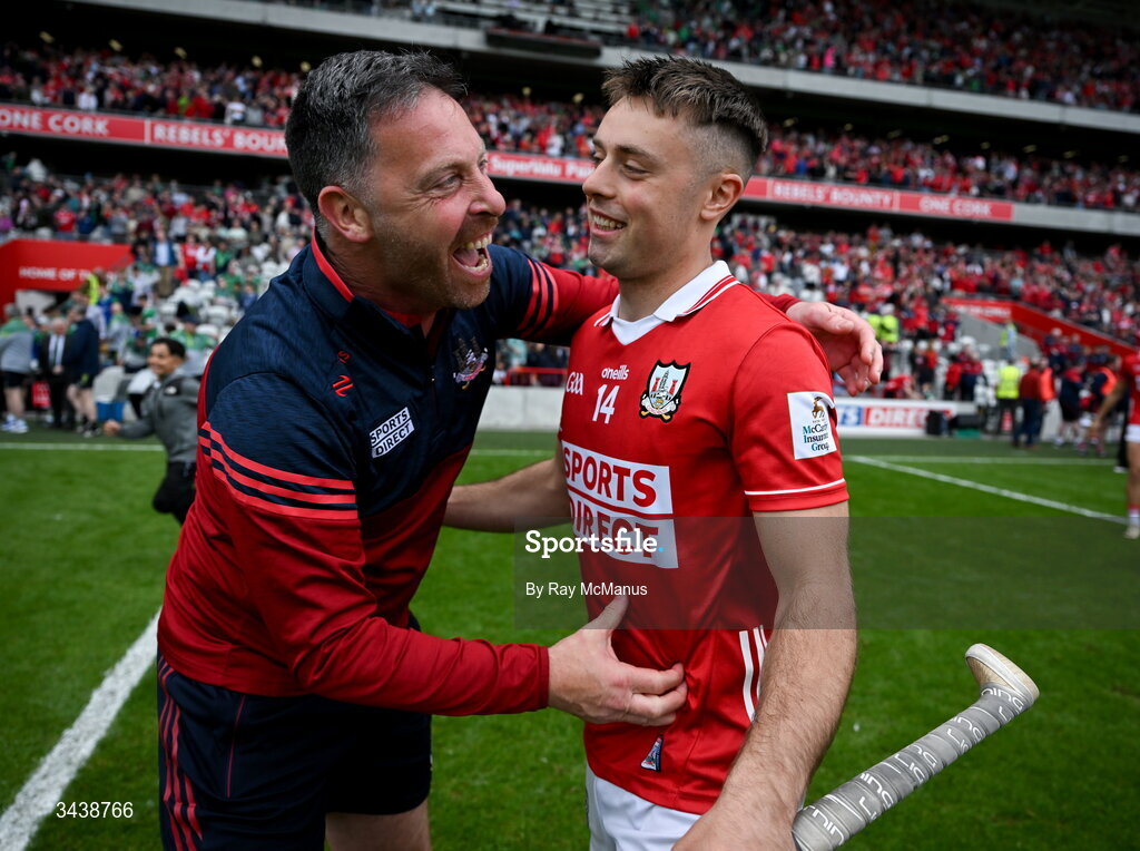 26 April 2026; Cork selector Ronan Curran and William Buckley celebrate after the Munster GAA Senior Hurling Championship Round 2 match between Cork and Limerick at SuperValu Páirc Uí Chaoimh in Cork. Photo by Ray McManus/Sportsfile