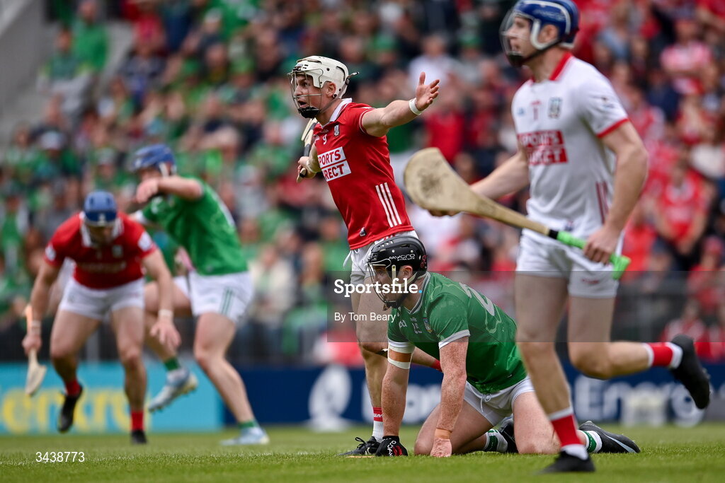 26 April 2026; Tommy O'Connell of Cork reacts after a foul on Darragh O'Donovan of Limerick is awarded against him during the Munster GAA Senior Hurling Championship Round 2 match between Cork and Limerick at SuperValu Páirc Uí Chaoimh in Cork. Photo by Tom Beary/Sportsfile
