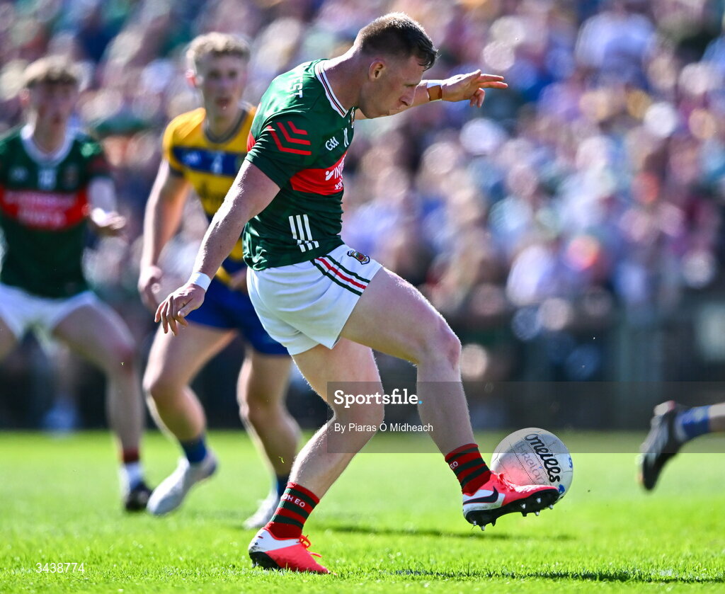 26 April 2026; Ryan O'Donoghue of Mayo shoots to score his side's first goal during the Connacht GAA Football Senior Championship semi-final match between Mayo and Roscommon at Hastings Insurance MacHale Park in Castlebar, Mayo. Photo by Piaras Ó Mídheach/Sportsfile