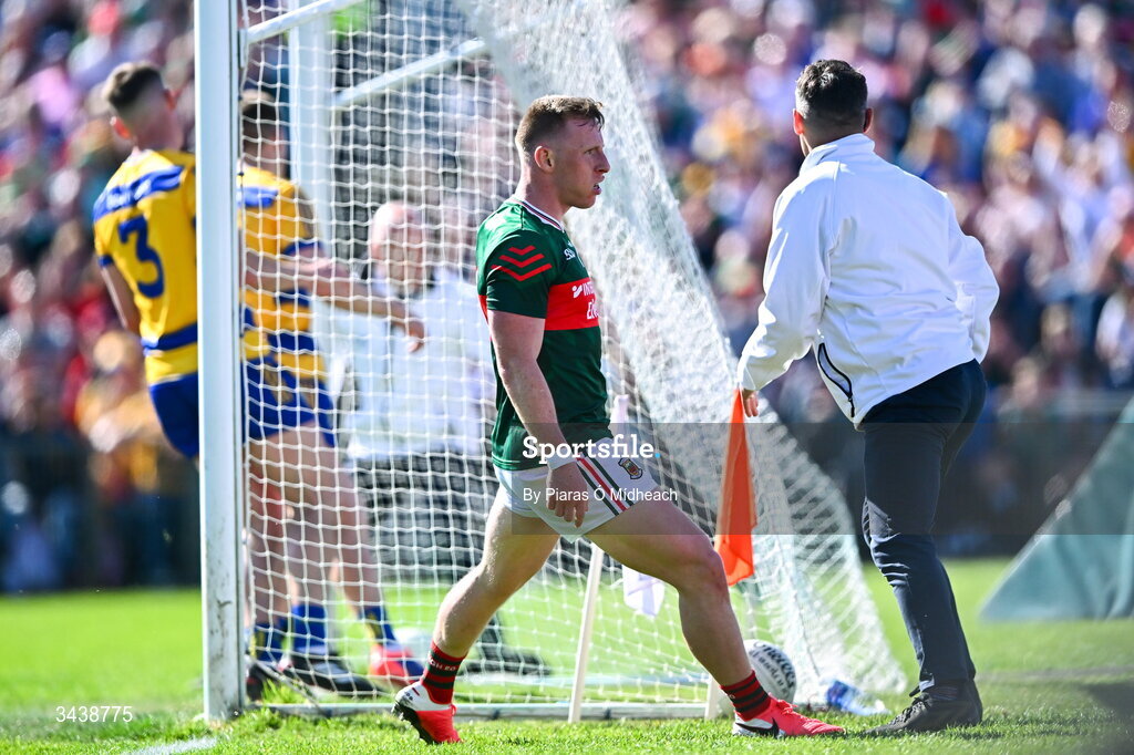 26 April 2026; Ryan O'Donoghue of Mayo celebrates after scoring his side's first goal during the Connacht GAA Football Senior Championship semi-final match between Mayo and Roscommon at Hastings Insurance MacHale Park in Castlebar, Mayo. Photo by Piaras Ó Mídheach/Sportsfile