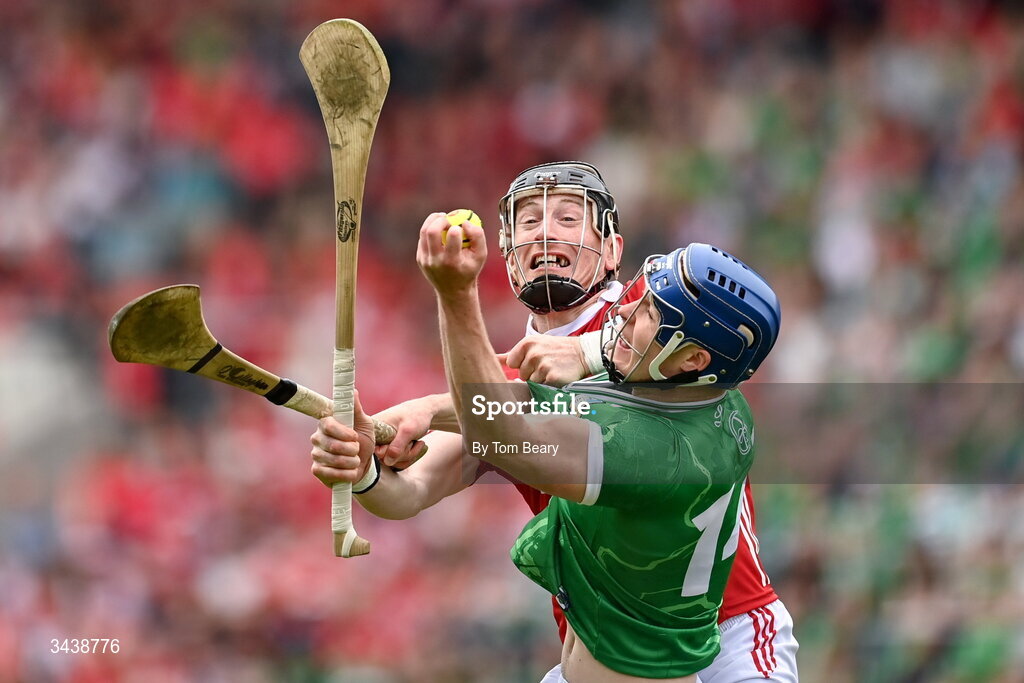 26 April 2026; Shane O'Brien of Limerick is fouled by Damien Cahalane of Cork during the Munster GAA Senior Hurling Championship Round 2 match between Cork and Limerick at SuperValu Páirc Uí Chaoimh in Cork. Photo by Tom Beary/Sportsfile