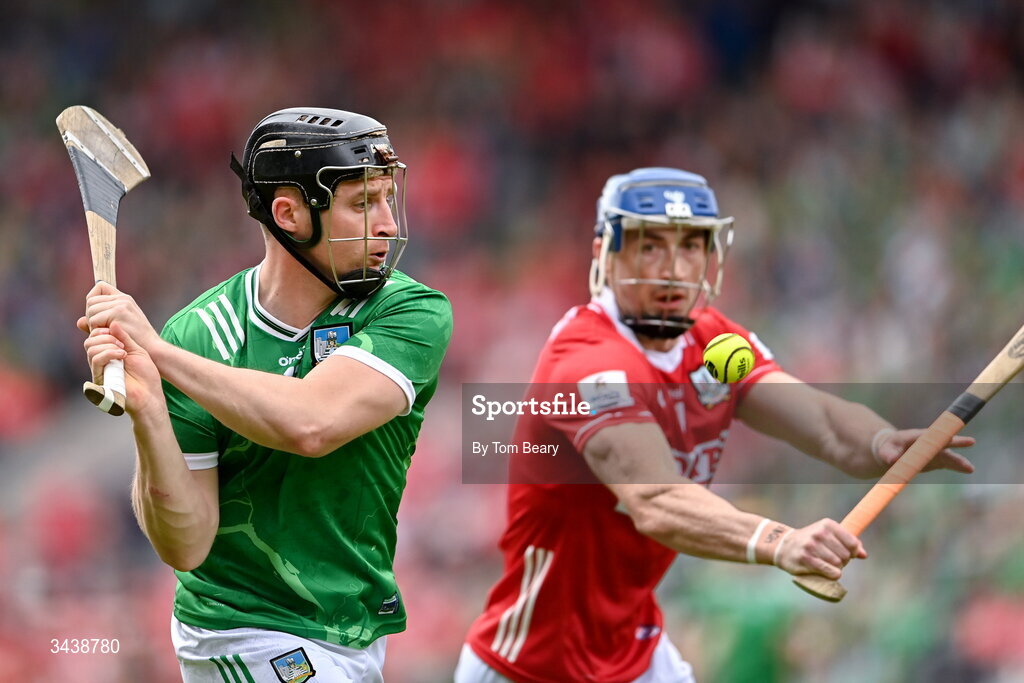 26 April 2026; Peter Casey of Limerick in action against Seán O'Donoghue of Cork during the Munster GAA Senior Hurling Championship Round 2 match between Cork and Limerick at SuperValu Páirc Uí Chaoimh in Cork. Photo by Tom Beary/Sportsfile