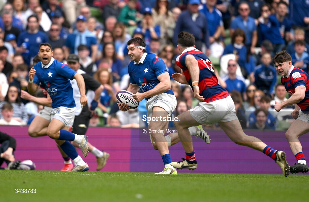 26 April 2026; Aaron O'Sullivan of St Mary's College RFC makes a break during the Energia Men's All-Ireland League Division 1A final match between Clontarf FC and St Mary's College RFC at the Aviva Stadium in Dublin. Photo by Brendan Moran/Sportsfile