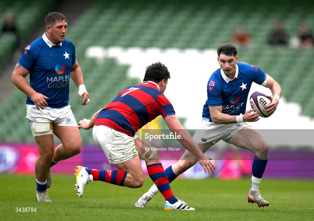 26 April 2026; Ruairi Shields of St Mary's College RFC in action against Aaron Coleman of Clontarf FC during the Energia Men's All-Ireland League Division 1A final match between Clontarf FC and St Mary's College RFC at the Aviva Stadium in Dublin. Photo by Brendan Moran/Sportsfile