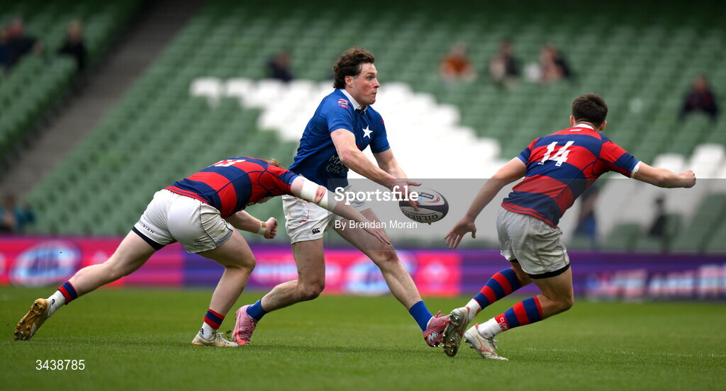 26 April 2026; Myles Carey of St Mary's College RFC is tackled by Hugh Cooney of Clontarf FC during the Energia Men's All-Ireland League Division 1A final match between Clontarf FC and St Mary's College RFC at the Aviva Stadium in Dublin. Photo by Brendan Moran/Sportsfile