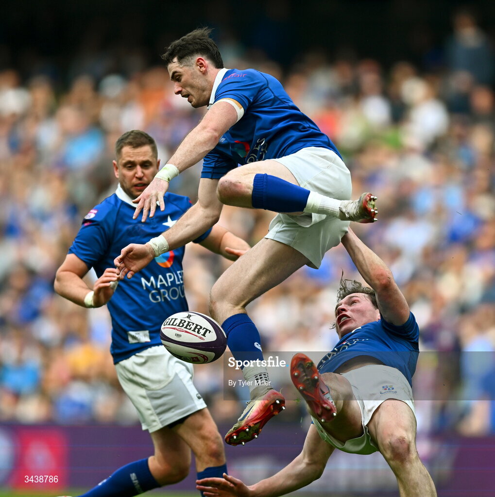 26 April 2026; Ruairi Shields, top, and Myles Carey of St Mary's College RFC collide during the Energia Men's All-Ireland League Division 1A final match between Clontarf FC and St Mary's College RFC at the Aviva Stadium in Dublin. Photo by Tyler Miller/Sportsfile