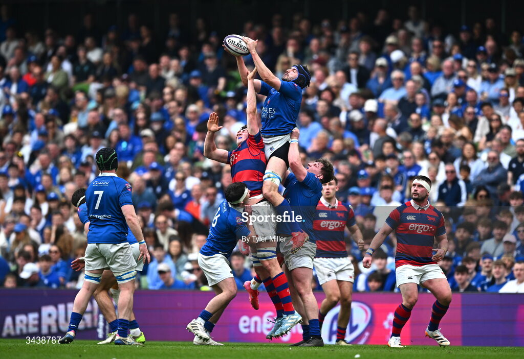 26 April 2026; Greg Jones of St Mary's College RFC in action against Fionn Gilbert of Clontarf FC during the Energia Men's All-Ireland League Division 1A final match between Clontarf FC and St Mary's College RFC at the Aviva Stadium in Dublin. Photo by Tyler Miller/Sportsfile