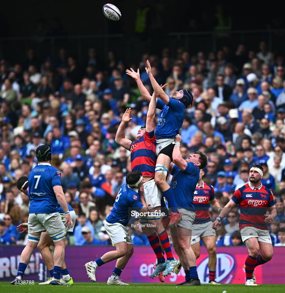 26 April 2026; Greg Jones of St Mary's College RFC in action against Fionn Gilbert of Clontarf FC during the Energia Men's All-Ireland League Division 1A final match between Clontarf FC and St Mary's College RFC at the Aviva Stadium in Dublin. Photo by Tyler Miller/Sportsfile
