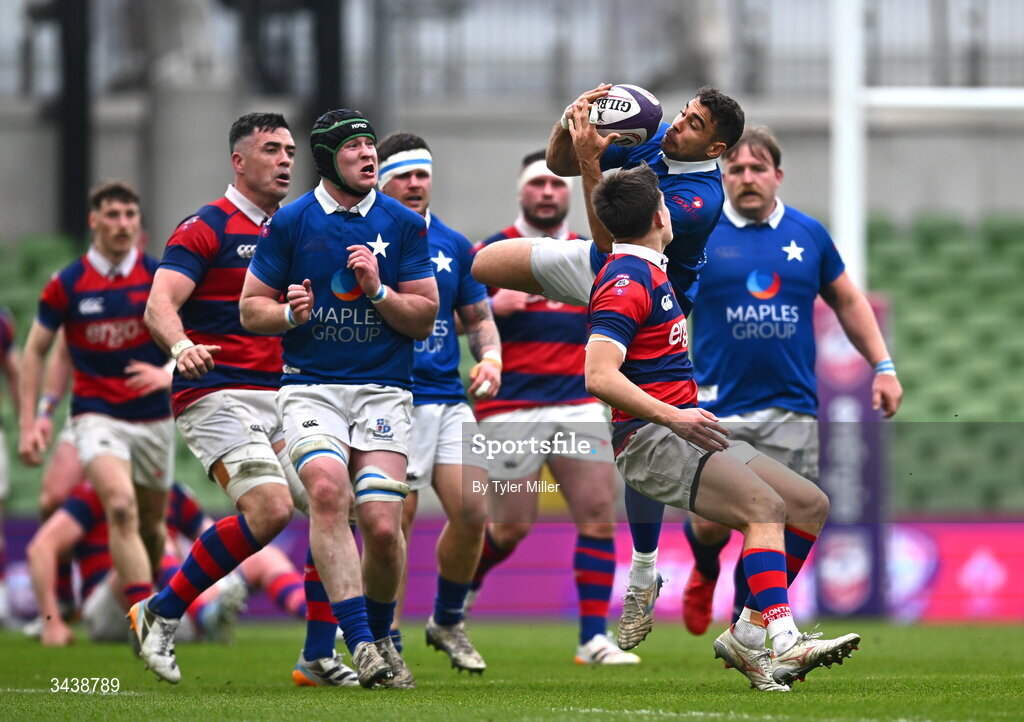 26 April 2026; Ramirez Leandro of St Mary's College RFC in action against Dylan O’Grady of Clontarf FC during the Energia Men's All-Ireland League Division 1A final match between Clontarf FC and St Mary's College RFC at the Aviva Stadium in Dublin. Photo by Tyler Miller/Sportsfile