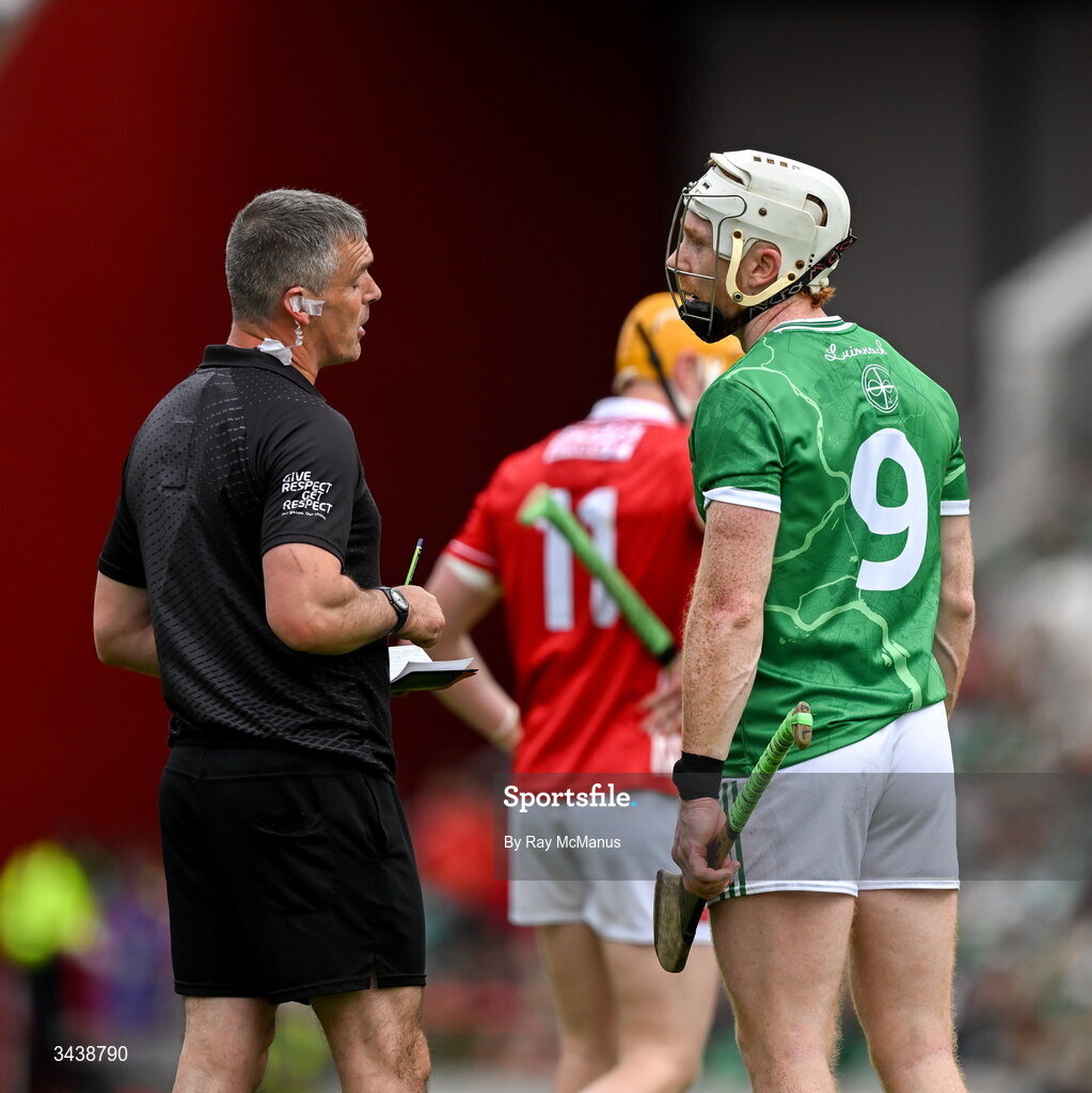 26 April 2026; Referee James Owens speaks to Cian Lynch of Limerick, before he issues a Red Card during the Munster GAA Senior Hurling Championship Round 2 match between Cork and Limerick at SuperValu Páirc Uí Chaoimh in Cork. Photo by Ray McManus/Sportsfile