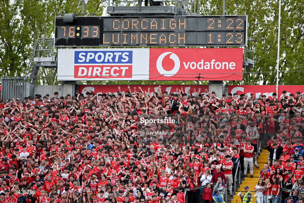 26 April 2026; Cork supporters on the Blackrock End watch the closing minutes of the Munster GAA Senior Hurling Championship Round 2 match between Cork and Limerick at SuperValu Páirc Uí Chaoimh in Cork. Photo by Ray McManus/Sportsfile