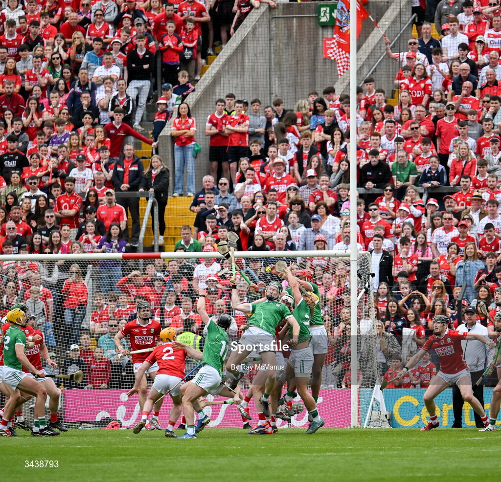 26 April 2026; Players from both sides try and win the sliotar as Limerick dropped a late free into the square during the Munster GAA Senior Hurling Championship Round 2 match between Cork and Limerick at SuperValu Páirc Uí Chaoimh in Cork. Photo by Ray McManus/Sportsfile
