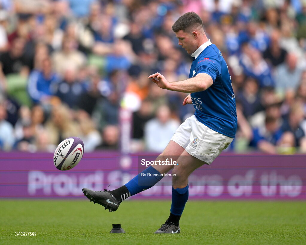 26 April 2026; Mick O'Gara of St Mary's College RFC kicks a penalty during the Energia Men's All-Ireland League Division 1A final match between Clontarf FC and St Mary's College RFC at the Aviva Stadium in Dublin. Photo by Brendan Moran/Sportsfile
