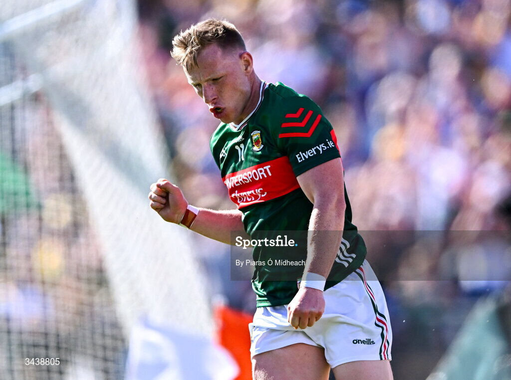 26 April 2026; Ryan O'Donoghue of Mayo celebrates after scoring his side's first goal during the Connacht GAA Football Senior Championship semi-final match between Mayo and Roscommon at Hastings Insurance MacHale Park in Castlebar, Mayo. Photo by Piaras Ó Mídheach/Sportsfile
