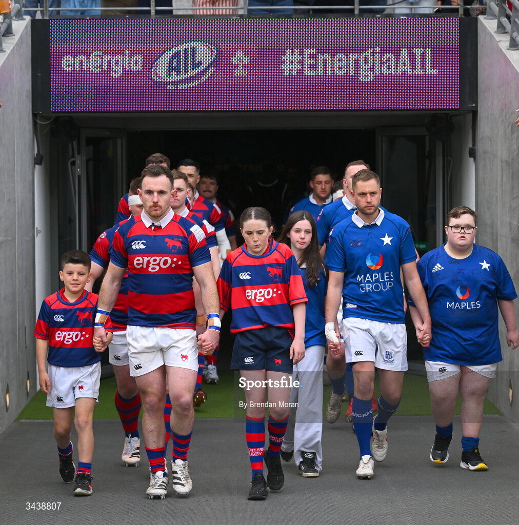 26 April 2026; The teams are led out by Clontarf FC captain Dylan Donnellan and St Mary's College RFC captain Conor Dean before the Energia Men's All-Ireland League Division 1A final match between Clontarf FC and St Mary's College RFC at the Aviva Stadium in Dublin. Photo by Brendan Moran/Sportsfile