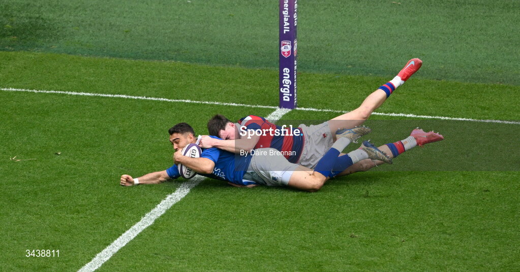 26 April 2026; Ramirez Leandro of St Mary's College RFC scores his side's second try during the Energia Men's All-Ireland League Division 1A final match between Clontarf FC and St Mary's College RFC at the Aviva Stadium in Dublin. Photo by Daire Brennan/Sportsfile