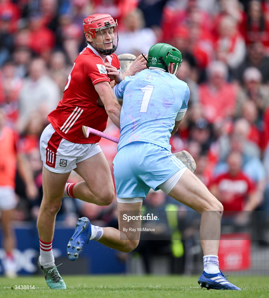 26 April 2026; Alan Connolly of Cork colides with Limerick goalkeeper Nickie Quaid as he scored a goal during the Munster GAA Senior Hurling Championship Round 2 match between Cork and Limerick at SuperValu Páirc Uí Chaoimh in Cork. Photo by Ray McManus/Sportsfile