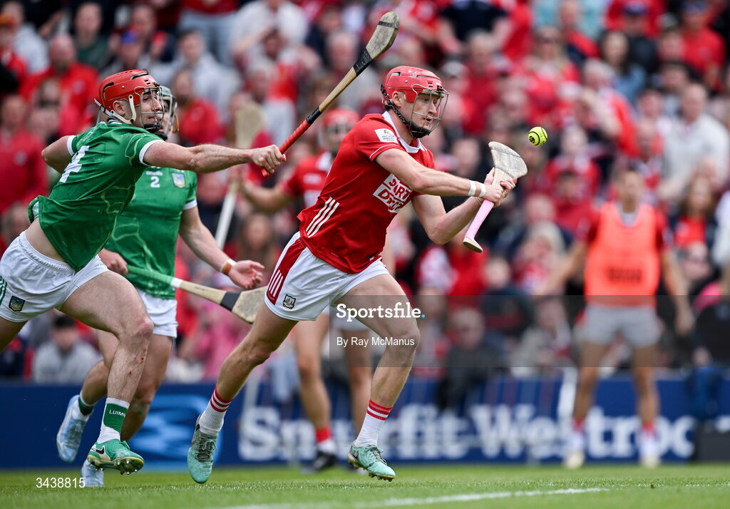 26 April 2026; Alan Connolly of Cork shoots to score a goal despite the presence of Barry Nash of Limerick on his way to score a goal during the Munster GAA Senior Hurling Championship Round 2 match between Cork and Limerick at SuperValu Páirc Uí Chaoimh in Cork. Photo by Ray McManus/Sportsfile