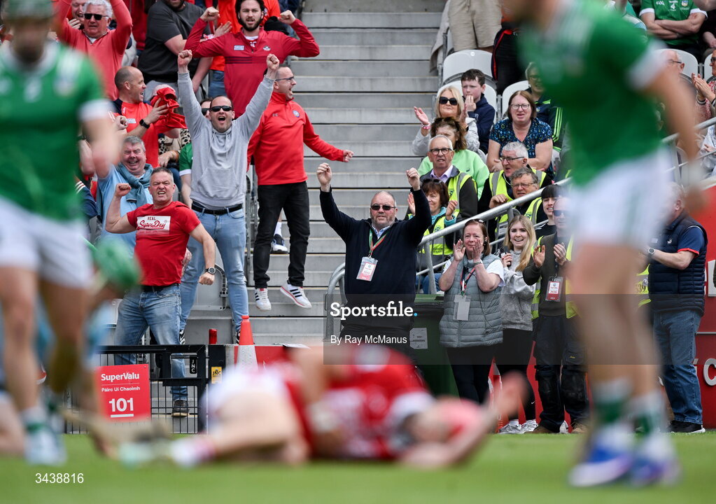 26 April 2026; Goal scorer Alan Connolly of Cork on the ground as supporters celebrate his goal during the Munster GAA Senior Hurling Championship Round 2 match between Cork and Limerick at SuperValu Páirc Uí Chaoimh in Cork. Photo by Ray McManus/Sportsfile