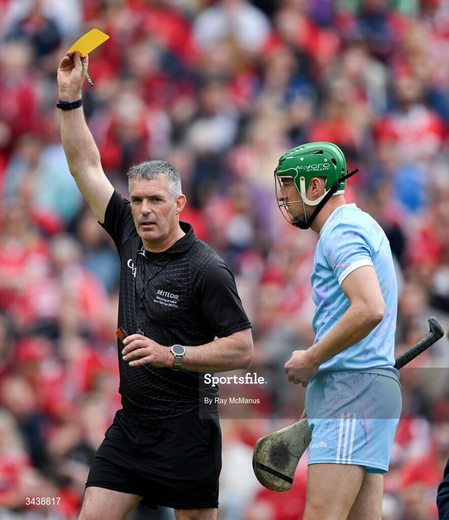 26 April 2026; Referee James Owens issues the Limerick goalkeeper Nickie Quaid a yellow card during the Munster GAA Senior Hurling Championship Round 2 match between Cork and Limerick at SuperValu Páirc Uí Chaoimh in Cork. Photo by Ray McManus/Sportsfile