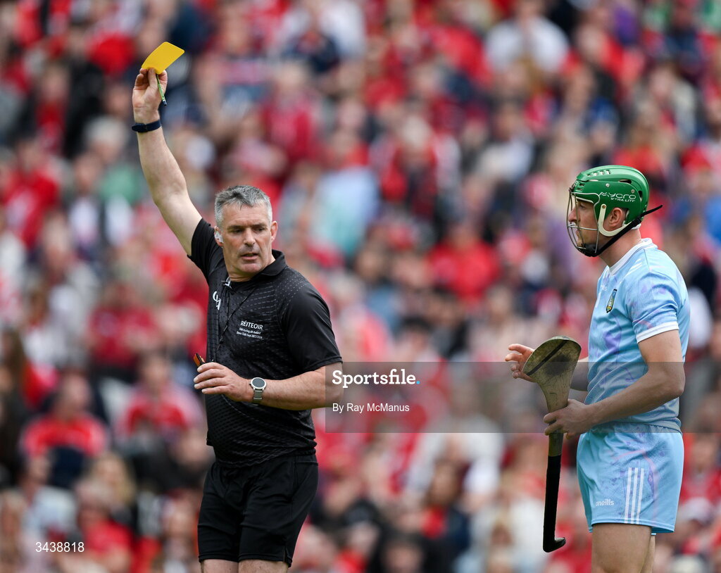 26 April 2026; Referee James Owens issues the Limerick goalkeeper Nickie Quaid a yellow card during the Munster GAA Senior Hurling Championship Round 2 match between Cork and Limerick at SuperValu Páirc Uí Chaoimh in Cork. Photo by Ray McManus/Sportsfile